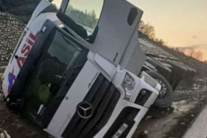 Bilecik’te lastiği patlayan TIR devrildi sürücü yaralandı